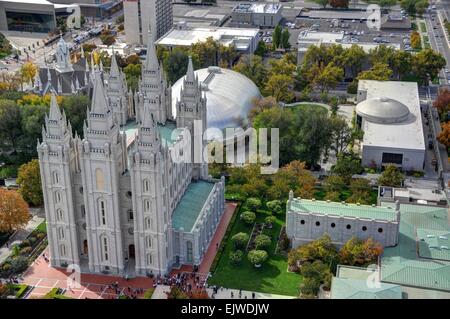 Vista aerea di Salt Lake Tempio Mormone e Temple Square Foto Stock
