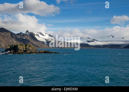 Vista panoramica con cime innevate robusto costa nord della Georgia del Sud Foto Stock