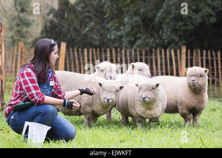 Pastorella Ellie Burch, 22 da Croydon con un gregge di cinque pecore Southdown da Wakehurst Place. I Giardini di Kew' Festival di Pasqua 'Shaun le pecore' si apre a Kew Gardens il 28 marzo e corre al 12 aprile 2015. Foto Stock