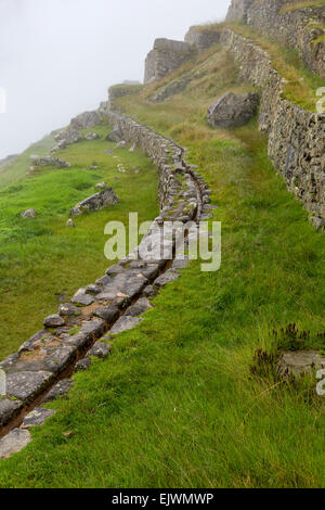 Il Perù, Machu Picchu. Canal portando acqua da una primavera in montagna all'interno della città. Foto Stock