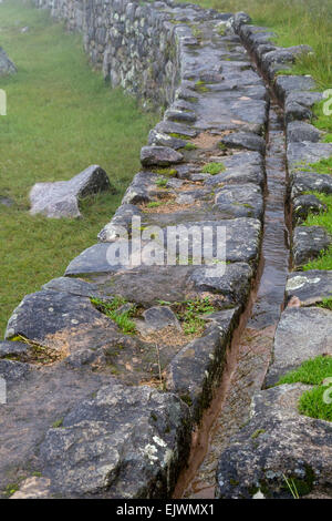 Il Perù, Machu Picchu. Canal portando acqua da una primavera in montagna all'interno della città. Foto Stock