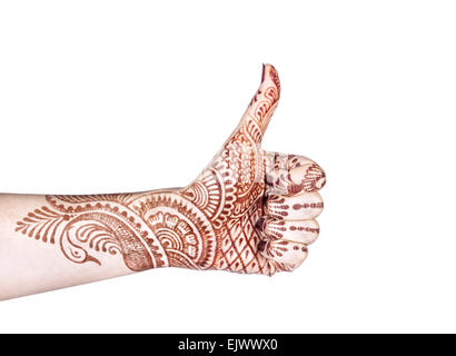 Donna con mano henna fare Merudanda mudra isolato su sfondo bianco con il ritaglio Foto Stock