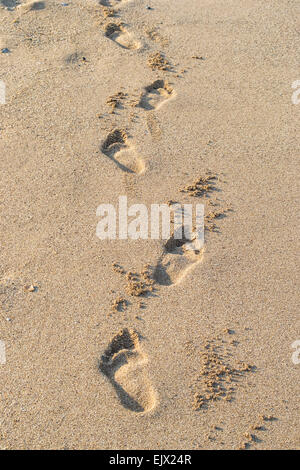 L'uomo le impronte nella sabbia mentre passeggiate sulla spiaggia Foto Stock