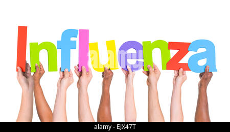 Diverse mani tenendo la parola aviaria Foto Stock