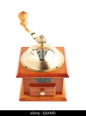 Traditional manual wooden coffee grinder isolated Foto Stock