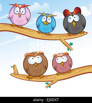 Funny owl gruppo cartoon su albero Illustrazione Vettoriale