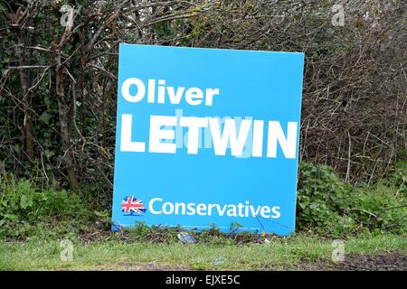 Elezioni generali 2015, conservatori MP Oliver Letwin cartelloni intorno a Dorset, Gran Bretagna, Regno Unito Foto Stock