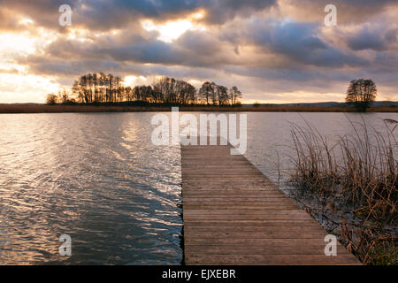Pontile in legno sulla riva del fiume Elba vicino Amt Neuhaus, Bassa Sassonia, al tramonto Foto Stock