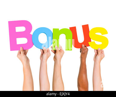Multi etnico Persone azienda la parola Bonus Foto Stock