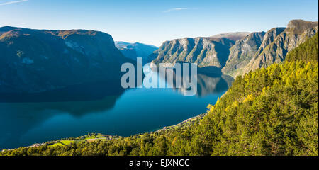 In autunno la luce solare sulla Aurlandsfjord, Norvegia Foto Stock