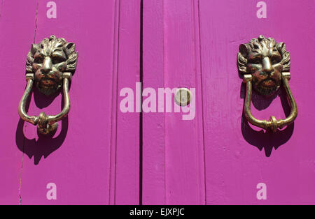 Ottone leone maschera battenti della porta su una porta di porpora, Notting Hill, London, England, Regno Unito Foto Stock