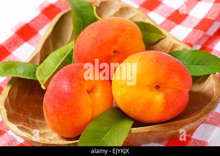 Tre albicocche mature nella ciotola di legno Foto Stock
