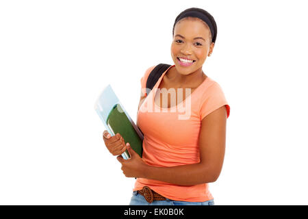 Femmina carino African American college student holding libri isolato su bianco Foto Stock