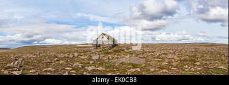 Vista panoramica di un tappeto erboso di pietra con tetto di casa rifugio nel Westfjords dell Islanda. Foto Stock