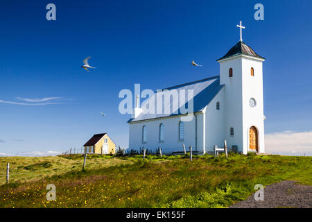 Chiesa sulla isola di Flatey Breidafjordur in Islanda Foto Stock