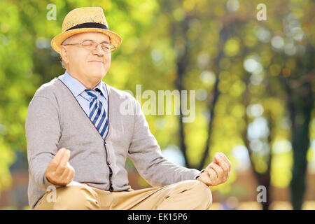 Senior gentleman meditando seduto su un prato verde in un parco durante l'autunno Foto Stock