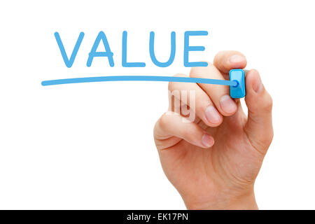 La scrittura a mano di valore con marcatore blu su trasparente scheda di pulizia. Foto Stock