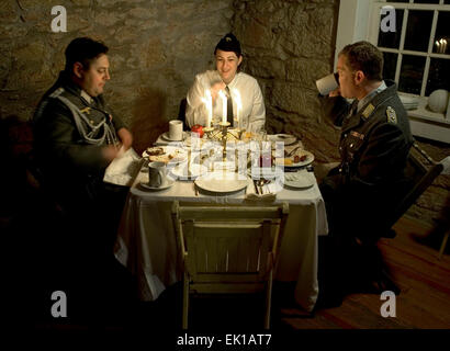 Re-enactors nel Terzo Reich la II Guerra Mondiale SS (Schutzstaffel) uniformi durante un weekend di raccolta in Ohio, Stati Uniti d'America. Foto Stock