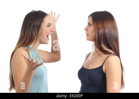 Vista frontale di una paura donna isolato su sfondo bianco Foto Stock