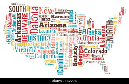 Una wordcloud degli Stati Uniti d'America effettuate dalla città e paesi. Foto Stock