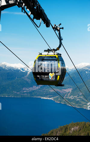 Un mare di Sky Gondola auto tira nel giorno lodge con Howe Sound in background. Squamish BC, Canada Foto Stock