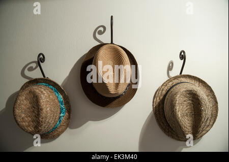 Tre cappelli appendere su tre ganci all'interno di una casa Foto Stock