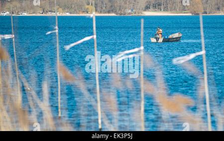Berlino, Germania. Xviii Mar, 2015. Un pescatore tira il suo net torna sulla sua barca sul lago Wannsee a Berlino, Germania, 18 marzo 2015. Foto: Felix Zahn/dpa/Alamy Live News Foto Stock