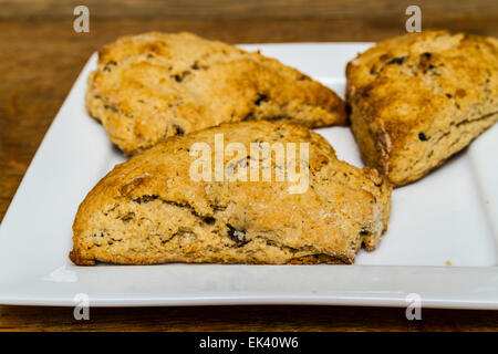 Pane appena sfornato, cannella e uvetta scones su un quadrato bianco piastra Foto Stock