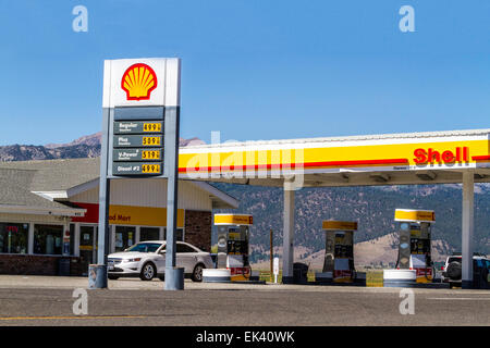 La stazione di benzina della Shell In Bridgeport California con molto elevati prezzi del gas Foto Stock