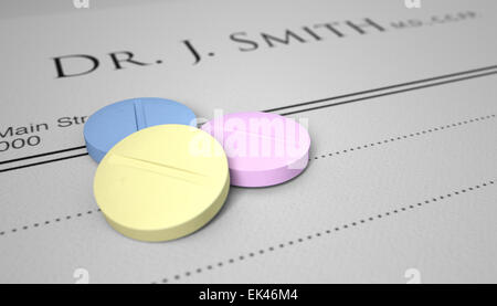 Un vuoto medici generici la prescrizione nota con tre pillole regolari isolato su un fondo bianco Foto Stock