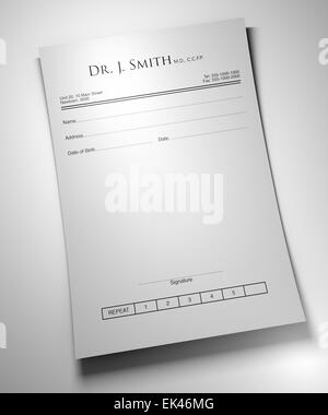 Un vuoto medici generici nota prescrizione isolato su un fondo bianco Foto Stock
