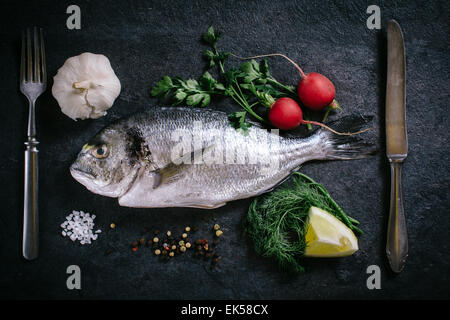 Materie glithead pesce con gli ingredienti di cui sopra su sfondo scuro Foto Stock