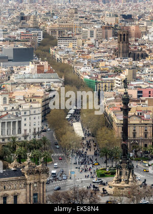 Vista aerea di La Rambla di Barcellona, Spagna Foto Stock