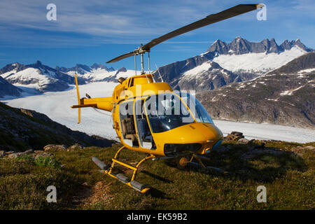 Elicottero sul Monte Bianco passeggino al di sopra del Mendenhall Glacier, Tongass National Forest, Alaska. Foto Stock