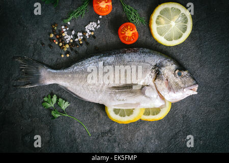 Materie dorada pesce con ingredienti su sfondo scuro Foto Stock