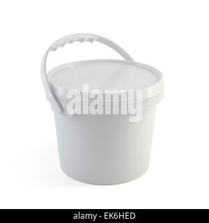 3D rendering del bianco vernice chiusa secchio di plastica contenitore con maniglia in plastica isolato su sfondo bianco Foto Stock