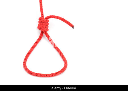 Rosso con corda annodata isolati su sfondo bianco Foto Stock