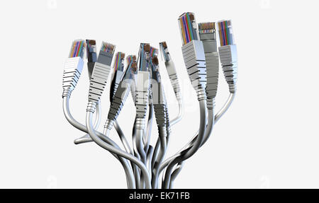 Un bouquet collezione di tappi di ethernet con corde legati insieme e diffondere presso le estremità rivolte verso l'alto su un isolato whi Foto Stock