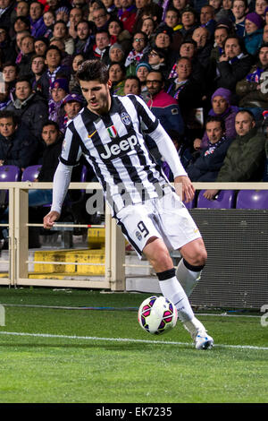 Firenze, Italia. 7 Aprile, 2015. Firenze, Italia. 7 apr, 2015. Alvaro appartamento Morata ( Juventus ) Calcetto : Coppa Italia (TIM Cup) Semi-finale 2 gamba match tra Fiorentina 0-3 Juventus Artemio Franchi Stadium di Firenze, Italia . Credito: Maurizio Borsari/AFLO/Alamy Live News Foto Stock