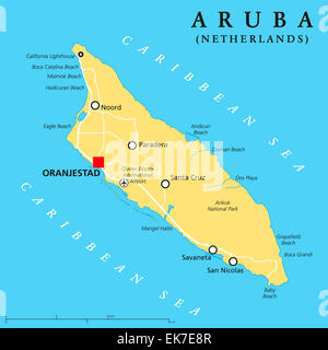 Aruba Mappa Politico con capitale Oranjestad e importanti città. Etichetta inglese e la scala. Illustrazione. Foto Stock