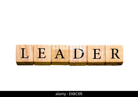 Parola di LEADER. Legno cubetti di piccole dimensioni con lettere isolato su sfondo bianco con copia spazio disponibile. Concetto di immagine. Foto Stock