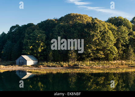 Il Boathouse sul laghetto di sale, Nauset Marsh, Eastham, Cape Cod, Massachusetts, STATI UNITI D'AMERICA Foto Stock