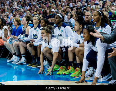 Tampa FL, Stati Uniti d'America. 7 apr, 2015. Notre Dame panchina a guardare la loro squadra tenta di punteggio nella seconda metà durante il NCAA campionato delle donne gioco tra la cattedrale di Notre Dame e nel Connecticut a Amalie Arena in Tampa FL. © csm/Alamy Live News Foto Stock