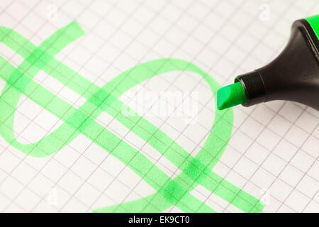 Marcatore, dipinto di dollaro e notebook Foto Stock