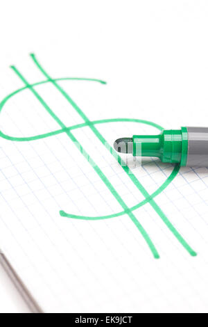 Marcatore e dipinto di dollaro foglio per notebook Foto Stock