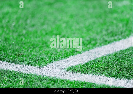 Dettaglio shot fresco con strisce di vernice su un campo di calcio Foto Stock