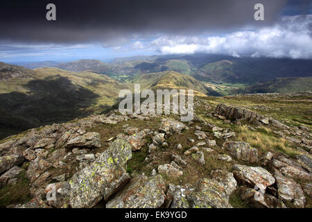 Panorama sulla valle del Dovedale, dalla cresta del Vertice di Hart Crag cadde, Fairfield Horseshoe fells, Lake District Foto Stock