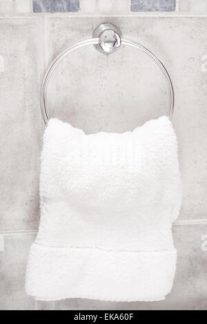 Asciugamano appeso sull'anello in bagno Foto Stock