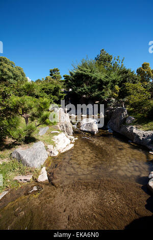 Alberi di conifere, di rocce e di una cascata su uno sfondo di colore blu Foto Stock