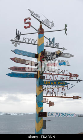 Cartello a Vernadsky Base di ricerca, Galindez Island Isole argentino, Antartide Foto Stock